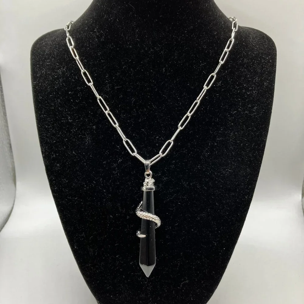 Obsidian Pointed Bullet Pendant snake accent and Stainless Steel Chain